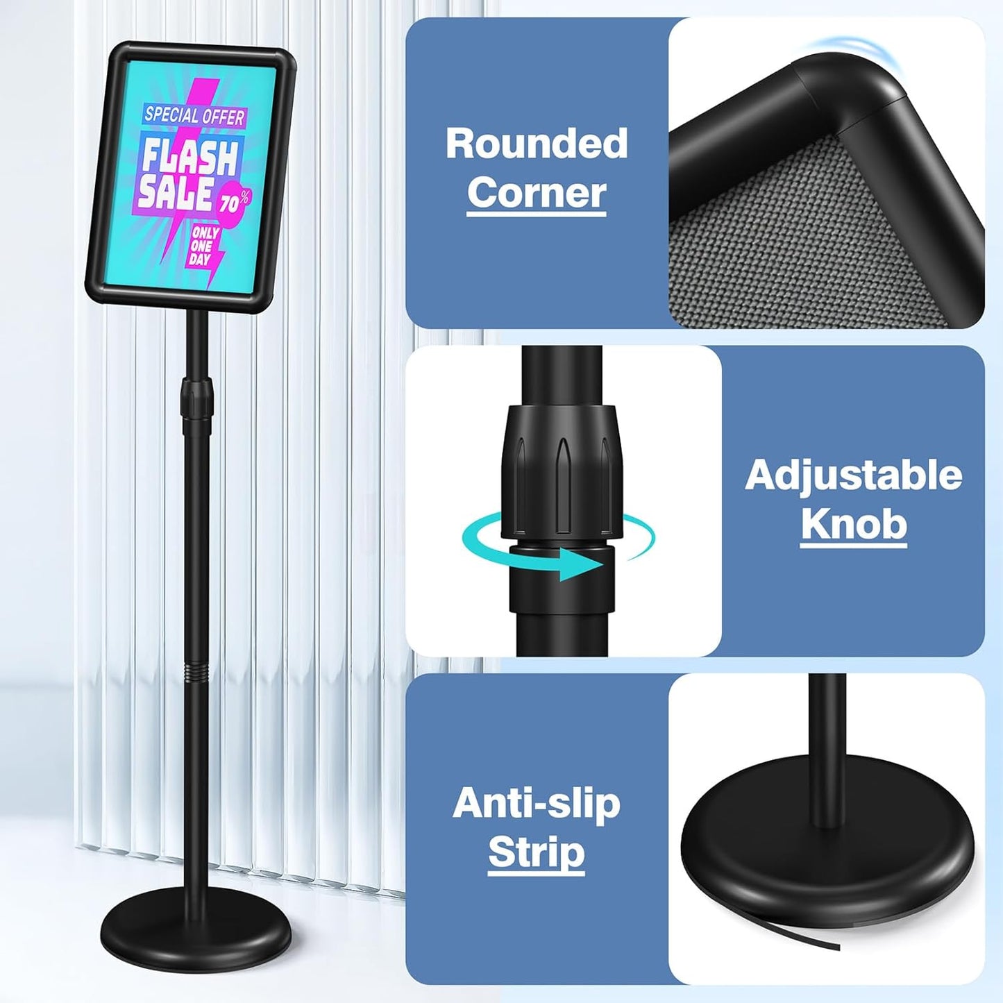 Sign Stand Floor Standing Sign Holder Sign Stands for Display 8.5 x 11 Inches Pedestal Sign Holder 360° Rotation Adjustable Signage Stand for Business Exhibition, Restaurant, Supermarket (Black)