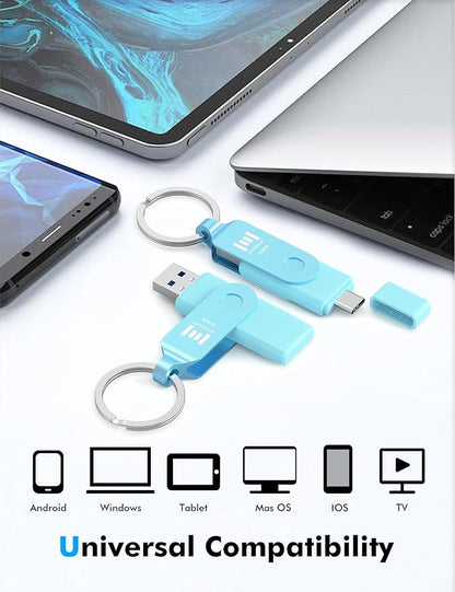 MOSDART 512GB USB3.1 Fast Speed C and A Dual Flash Drive, exFAT Memory Stick with Keychain and LED Indicator, for iPhone 15,16,17, Android Phone, iPad, MacBook, and Other Laptops, Sky Blue
