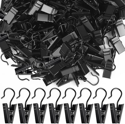 Teenitor 100 Pack Small Curtain Clips Curtain Hooks for Outdoor String Lights, Stainless Steel Clips for Hanging Curtain Hooks for Drapes, Black