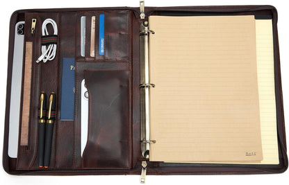 Personalized 3 Ring Binder Genuine Leather Portfolio, Front Pocket, Custom Engraved 8.5 x 11 Legal Pad Laptop Organizer for Men Women, Zippered Business Work Padfolio, Dark Brown, Oil Tanned