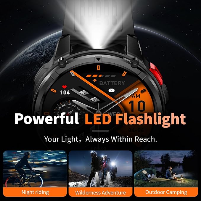 Mens Smart Watch for Android Phones and iPhone,Military Sport Smart Watches for Men Fitness Tracker Watch with Flashlight/Compass/Waterproof/100 Days Battery/Heart Rate/Sleep/100+ Sport Modes