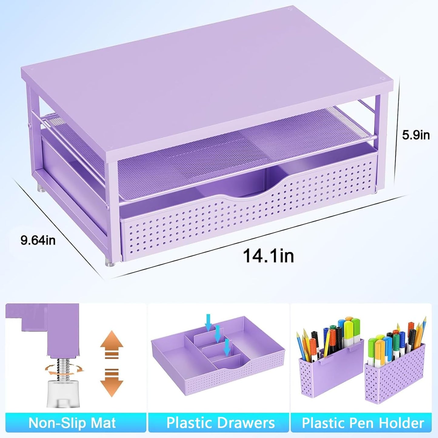 gianotter Wood Monitor Stand Riser, Desk Organizer with Drawer and 2 Pen Holders, 2-Tier Workspace Organizer for Office Supplies (Purple Wood)