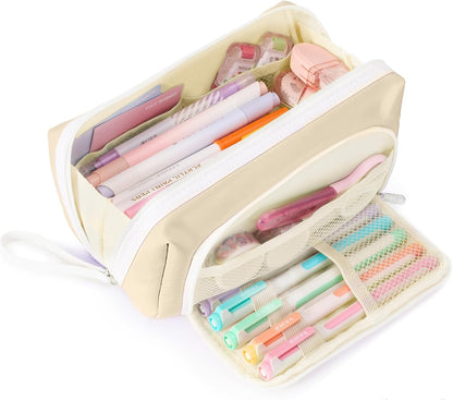 Sooez Big Capacity Pencil Case, Extra Large Pencil Pouch with Zipper Pocket, Wide Opening Pencil Bag, Portable Stationery Organizer, Cute Aesthetic School Office Supplies for Teens Girls Adults, Beige