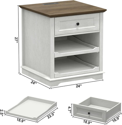 Lateral File Cabinet 3 Drawer File Cabinet with Charging Station, Printer Stand with Open Adjustable Storage Shelves, Lateral Filing Cabinet for Home Office, White