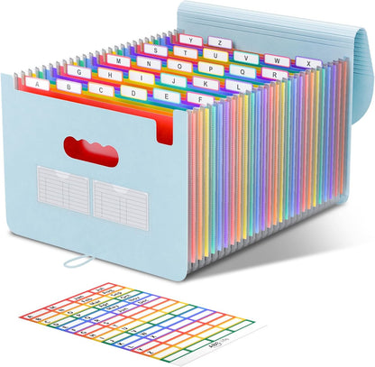 ABC life 26 Pockets Accordion File Organizer, Expanding File Folder, Portable Monthly Paper Bill Tax Receipt Organizer, Letter A4 Size Document Organizer with Blank Labels - Light Blue