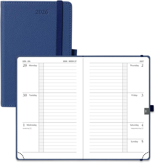 POPRUN Weekly Planner 2026 Calendar (Pocket 4'' x 6.25'') 12 Months Notebook with Horizontal Layout, Leather Hardcover, Inner Pocket, 100GSM Thick Paper, Pen Holder - Navy Blue