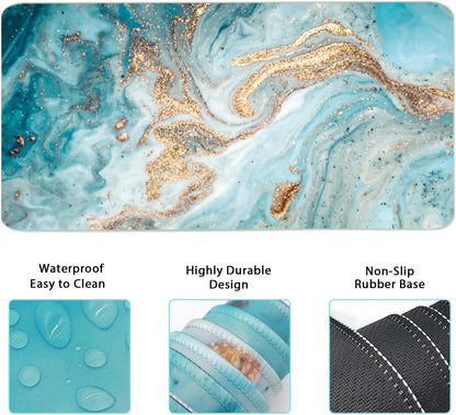 Keyboard Mouse Pad Set, Extended Mouse Pad+Keyboard Wrist Rest Support, Memory Foam Ergonomic Easy Typing, 3Pcs (35.4×15.7 in) Desk Pad Set for Home Office Study Game-Green Marble