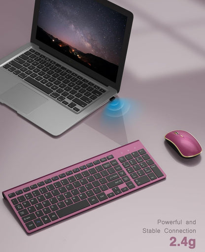 Wireless Keyboard Mouse Combo,J JOYACCESS 2.4G Compact and Ultra Slim Wireless Keyboard and Mouse for Windows, Computer, Desktop, PC, MacBook Air, Laptop-Wine Red