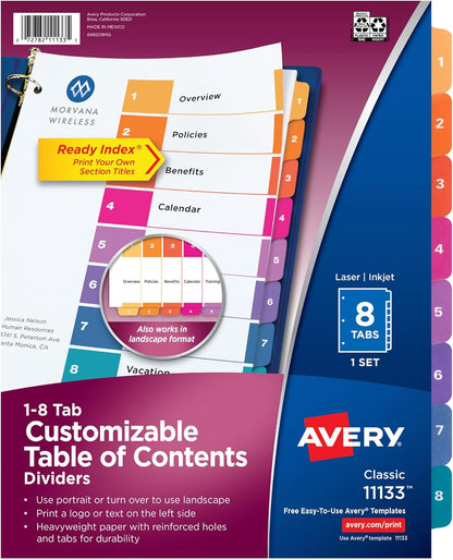 Avery Dividers for 3 Ring Binders, 8 Tabs per Set, Customizable Table of Contents, Multicolor Tabs, Great for Organizing Reports, Projects, and More (11133)
