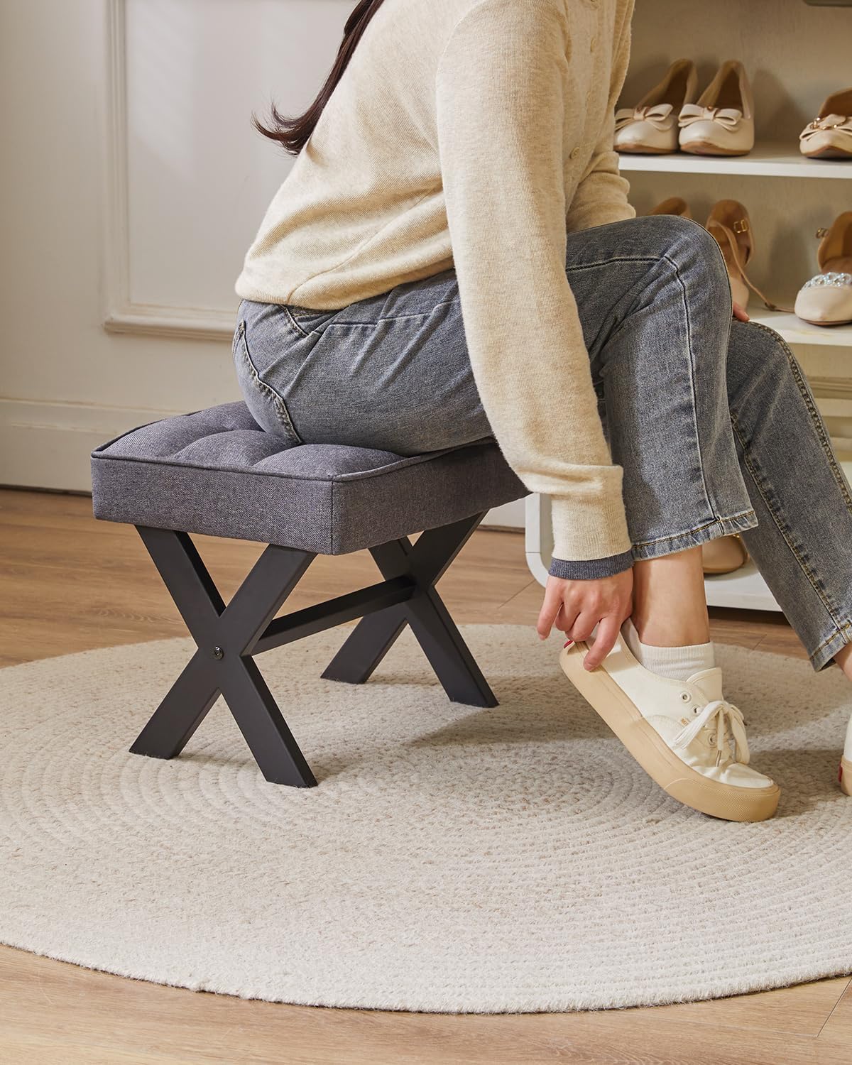 IBUYKE Small 12" H Footrest, Square Linen Foot Stool with Metal X-Leg, Multi-Use as Small Side Table, Step Stool for Living Room, Bedroom, Entryway, Office, Dark Gray WBD011G