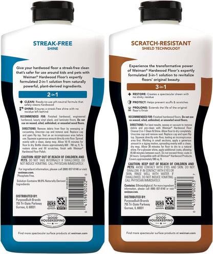 Weiman Hardwood Floor Cleaner and Polish Restorer Combo - 2 Pack - High-Traffic Hardwood Floor, Natural Shine, Removes Scratches, Leaves Protective Layer