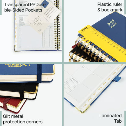 POPRUN Monthly Planner 2025-2026 Spiral Hardcover (6.25'' x 8.5''), 18 Months Calendar (Jul.2025 - Dec.2026)- 2 Pages per Month with Dotted Note Pages, Sunday Start, Laminated Tab - Light Yellow