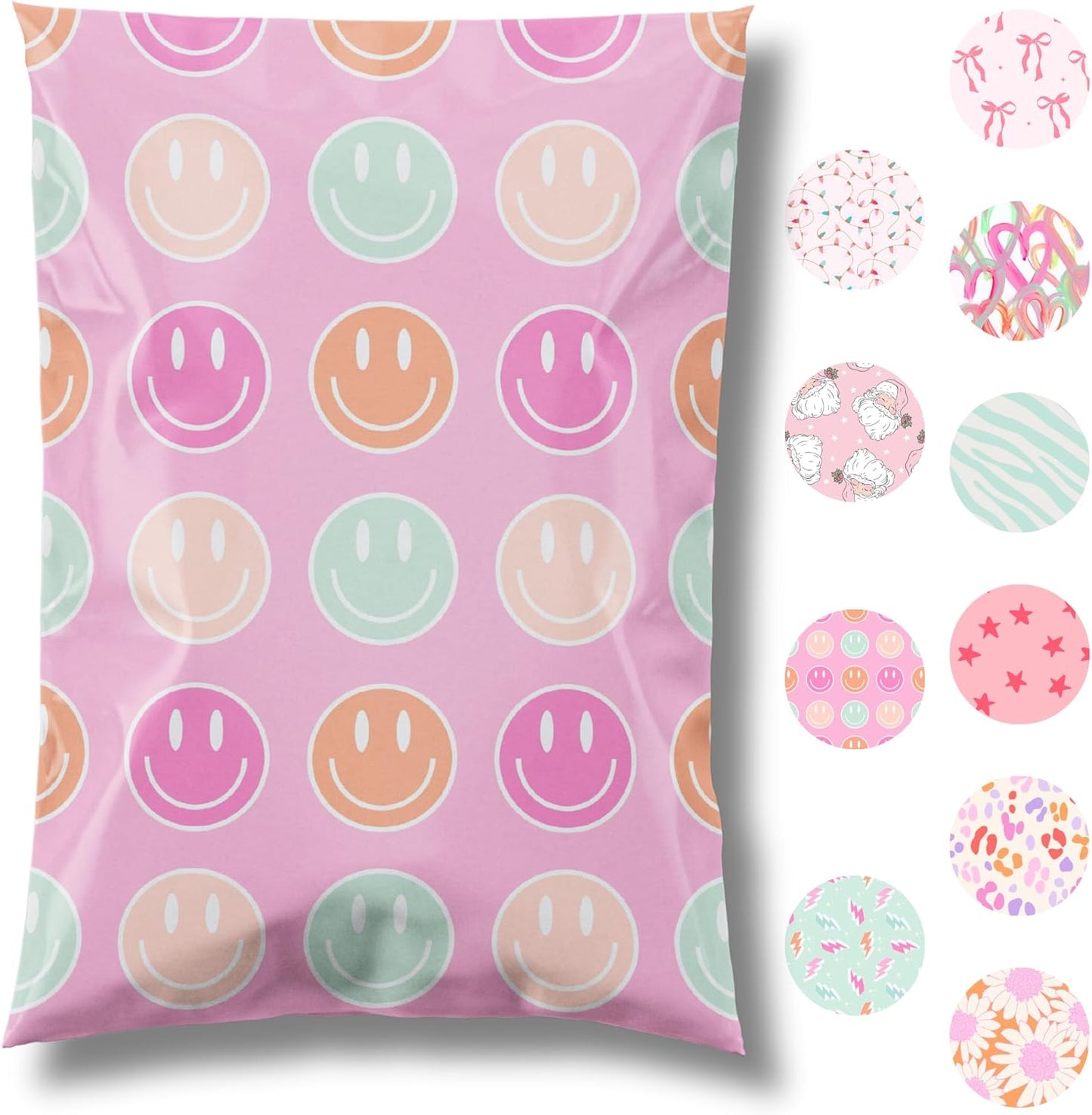 10x13 Designer Poly Mailer 100 Pack Heavy Duty Waterproof Self Seal Shipping Bags for Small Business Large Mailing Envelopes Bulk Tear Resistant Cute Packaging Smiley Face