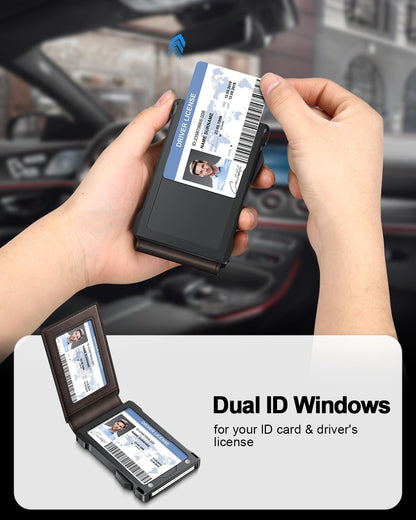 Wallet for Men RFID Wallet with 2 ID Windows & Money Clip, Slim Pop Up Card Holder for 10-12 Cards, Bifold Minimalist Smart Wallet for Front Pocket, Compact Metal Credit Card Holder, Gifts for Men