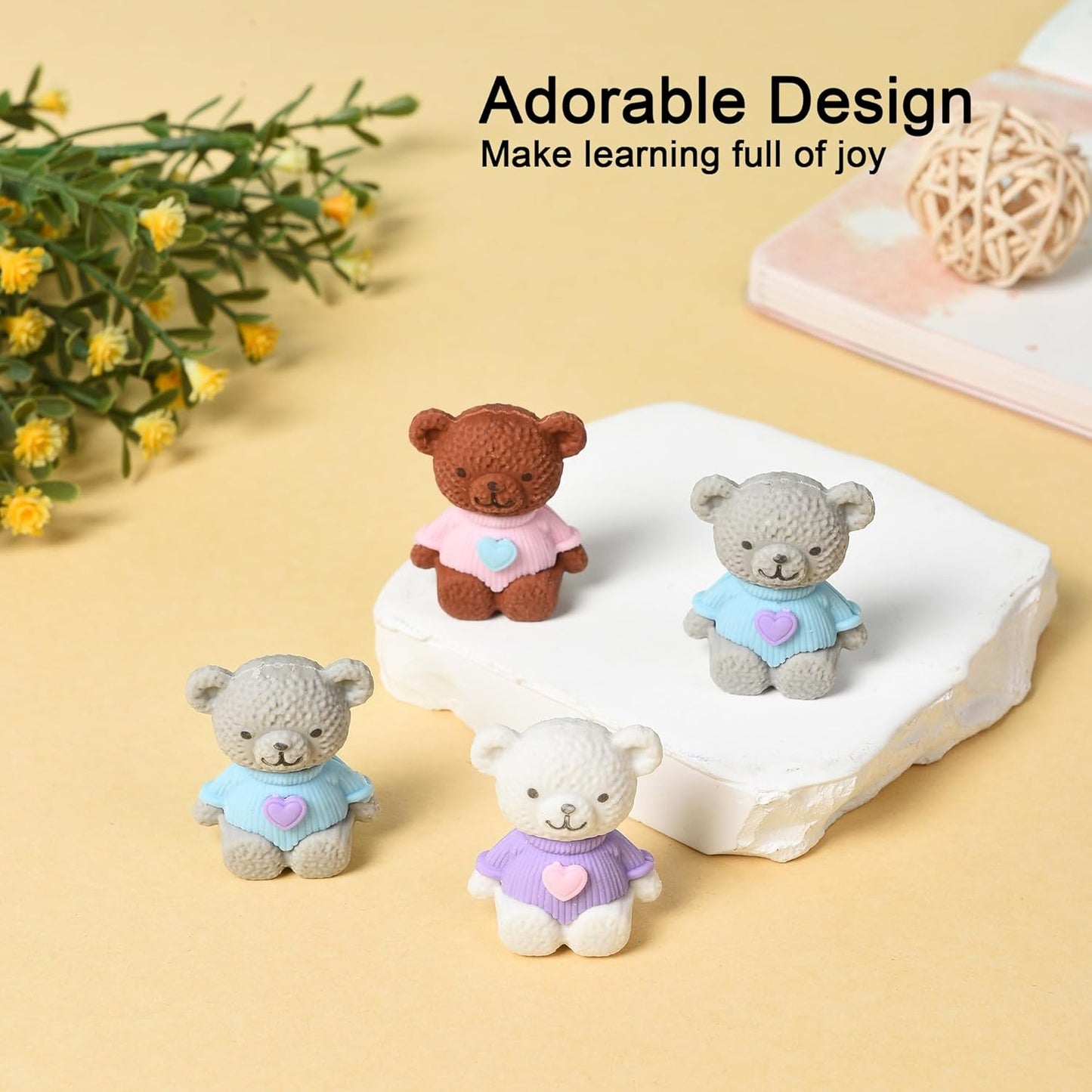 18Pcs Pencil Top Erasers for Kids, 3D Cute Bear Pencil Toppers, Bulk Fun Pencil Cap Easters for School Classroom Supplies Prize Gifts Party Favors