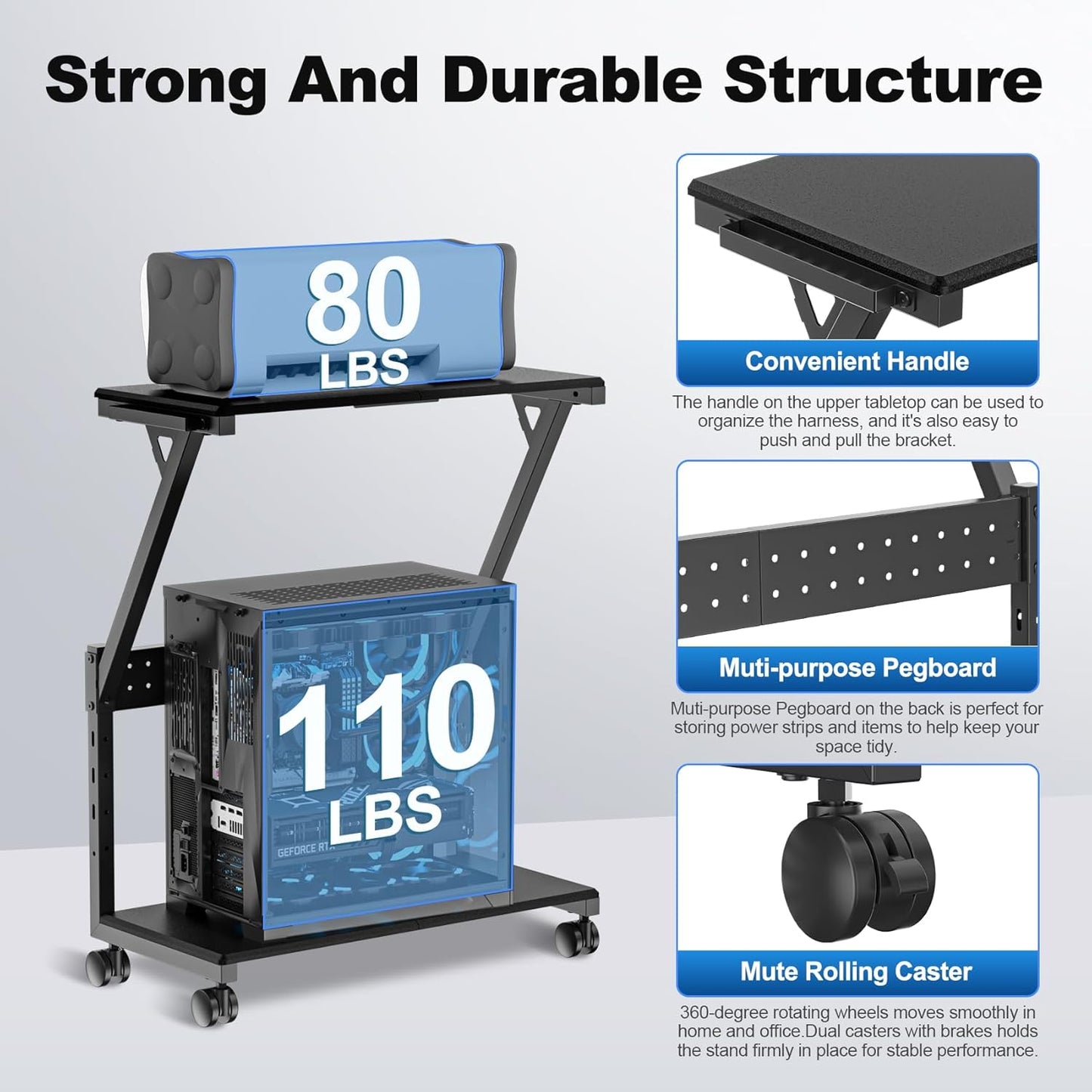 Suptek Computer Tower Stand,Height Adjustable PC Tower Stand/Cart with Wheels, Mobile Rolling CPU Holder, Computer Cart Side Stand for Computer Desk,23.22"-31.10"Hx25.19" Lx11.81" W, Black