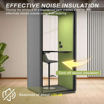 Office Sound Booth with Audio Privacy - Portable Soundproof Pod with Gray & Green Design,Phone Pod with Light,Ventilation,Socket for Phone,Singing,Work