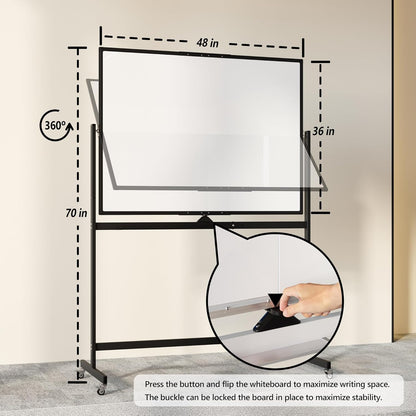 Large Rolling Whiteboard on Wheels, 48" x 36" Double-Sided Mobile White Board with Stand, 4' x 3' Portable Standing Magnetic Dry Erase Board Easel for Home Office Classroom School, Black