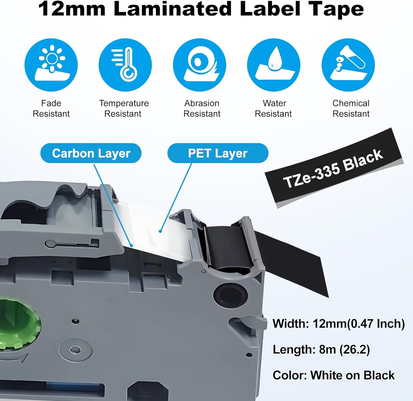 RAEMALL Replacement for Brother TZe-335 TZ-335 Laminated P Touch Label Tape 12mm 0.47 Inch White on Black Label Maker Tape for Brother PT-D210 H110 D220 D410, 5 Pack