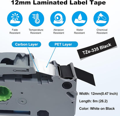 RAEMALL Replacement for Brother TZe-335 TZ-335 Laminated P Touch Label Tape 12mm 0.47 Inch White on Black Label Maker Tape for Brother PT-D210 H110 D220 D410, 5 Pack