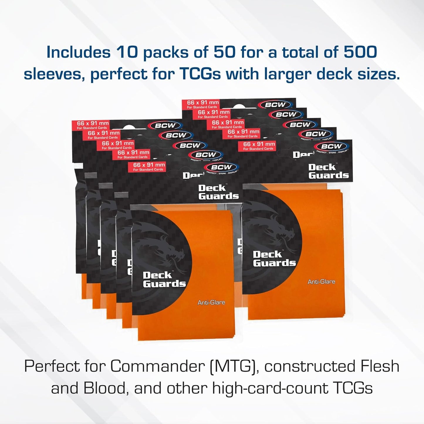 BCW Deck Guard - Double Matte Card Sleeves | 500 Count Box (10 Packs of 50 Sleeves) |Acid-Free, No PVC | Fits 2.5" x 3.5" Game Cards | Archival Safe Sleeves for Card Protection (Orange)