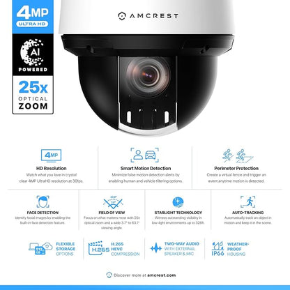 Amcrest 4MP Outdoor PTZ POE + AI IP Camera Pan Tilt Zoom (Optical 25x Motorized) Security Speed Dome, Human and Vehicle Detection, IVS, Face Detection, Auto Tracking, POE+ (802.3at) IP4M-1068EW-AI