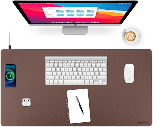 Wireless Charging Desk Mat with Desk Pad for Desktop Charging Large Mouse Pad Waterproof Leather Computer Mat Mouse Pad Non-Slip Protector on Top of Desks for Keyboard and Mouse (brown-l, 32*16inch)
