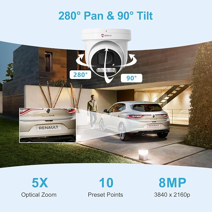 Anpviz 4K 8MP PoE PTZ Camera Outdoor, 5X Optical Zoom 2.7~13.5mm Lens, Pan 280° Tilt 90° IP Security Camera Human Vehicle Detection, Spotlight&Sound Alarm, 2 Way Talk, SD Card Slot, IP66 (U Series)