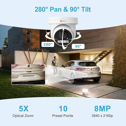 Anpviz 4K 8MP PoE PTZ Camera Outdoor, 5X Optical Zoom 2.7~13.5mm Lens, Pan 280° Tilt 90° IP Security Camera Human Vehicle Detection, Spotlight&Sound Alarm, 2 Way Talk, SD Card Slot, IP66 (U Series)