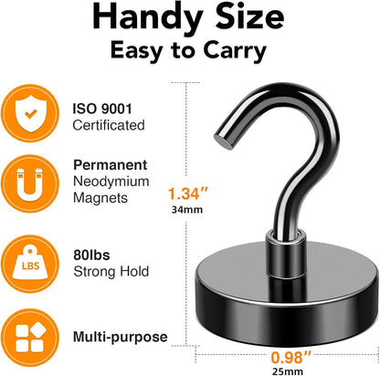 MIKEDE Magnetic Hooks, 80LB+ Strong Magnets Hooks Heavy Duty, Black Magnetic Hooks Fridge Magnets Neodymium with Hooks, Garage Hooks for Cruise, Classroom, Home, Kitchen - 6 Pack