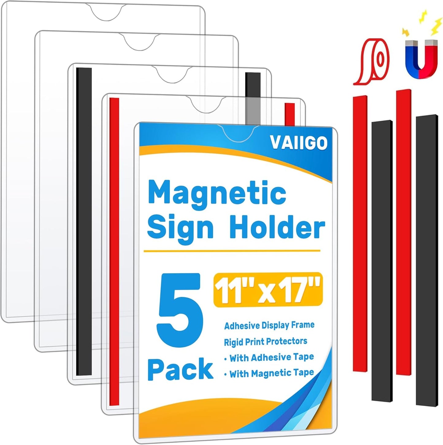 Magnetic Sign Holder 11 x 17 Adhesive Frame 5 Pack, Rigid Plastic Document Paper Holder with Magnet & Adhesive Strips, Wall Door Sign Holders Magnetic Frame for Office Home Store Restaurant