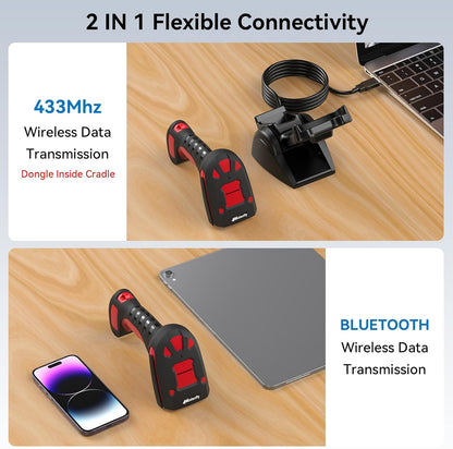 Alacrity Industrial Barcode Scanner, 1D/2D Symbologies, Wireless Charging, Long-Distance 433MHz Wireless & Bluetooth Connectivity, Shock and Dust-Proof Barcode Reader, Green