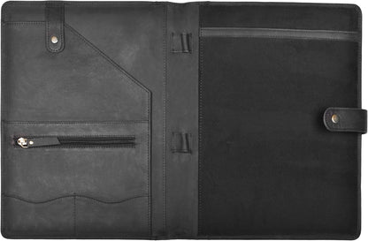 Genuine Leather Portfolio – Sleek Black Professional Organizer & Resume Folder, Antique Leather Business Document Padfolio with Writing Pad, Ideal Gift for Men & Women