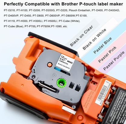 Compatible with Brother P Touch Colored Label Tape TZe 131 231 MQ531 MQP35 MQE35 Pastel Label Maker Tape Made for Brother P-Touch PT-D210 PT-D220 Label Maker, Clear/White/Purple/Pink/Blue