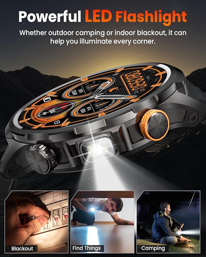 Smart Watches for Men, Military Smart Watch with 100 Days Battery/Flashlight/Heart Rate/Sleep/SpO2 Monitor/Call/110+ Sports Mode, 5 ATM Rugged Men's Fitness Tracker Watch for Android iPhone Compatible