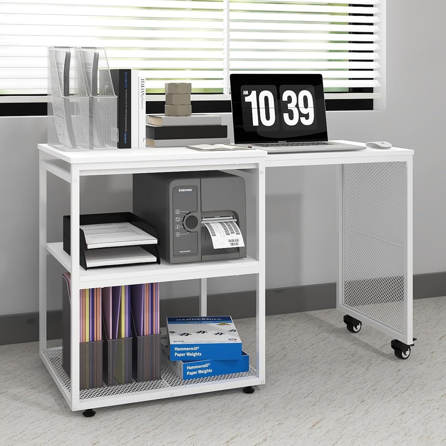 Natwind 24''x20''x29'' Large Printer Stand with Storage Shelves,Extendable Home Craft Table,Home Office Organization Desk, Versatile Table for Home Office, Kitchen, Study Room, Living Room (White)