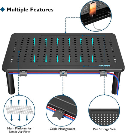 BONTEC 2 Pack Adjustable Monitor Stand Riser with Drawer, Ergonomic Mesh Platform for Laptop, PC, iMac, Printer, Supports up to 44 lbs/20kg with Cable Management Included