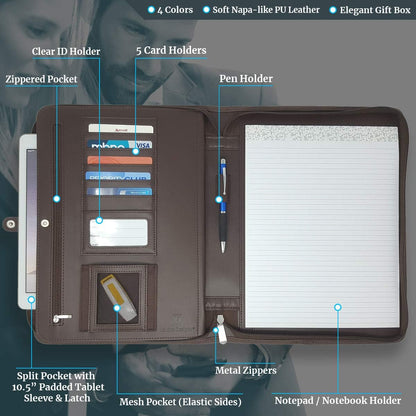 Dark Brown Zippered Portfolio Binder - PU Leather Business Portfolio Organizer - Padfolio for Men & Women with US Letter Notepad, 10.5 Inch Tablet Pocket & Gift Box by Lautus Designs