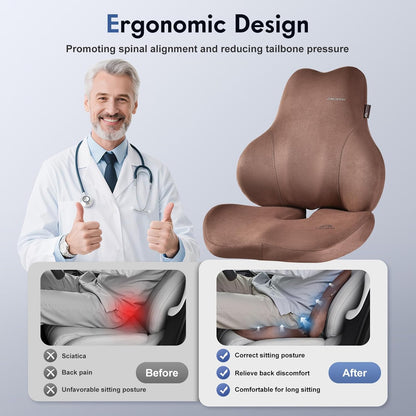 Coverado Memory Foam Car Seat Cushion and Lumbar Support Pillow for Car, Ergonomic Office Chair Cushion for Lower Back Pain Relief, Breathable & Non-Slip for Car, Home, and Office Use, Coffee