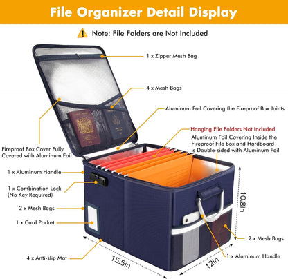 TOMKID 5200°F Fireproof Document Box, Fire Important Document Organizer with Lock, Upgraded Heat Insulated Filing Storage Cabinet Office Organization (5200°F Fireproof Box, Blue)