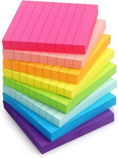 Eastern Wolf 8 Pads Lined Sticky Notes 3x3 Sticky Notes with Lines Self-Stick Note Pads 8 Bright Multi Colors, 85 Sheets/Pad