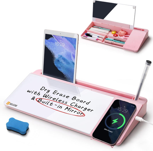 SELEAD Desktop Glass Whiteboard with Wireless Charger Station and Mirror, Desk Dry Erase Board Computer Pad Keyboard Stand with Organizer for Home, School, Office Accessories for Women, Pink