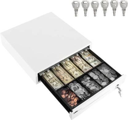 HK SYSTEMS 16inch Heavy Duty POS Cash Drawer with 5Bill/5Coin, Removable Coin Compartment, 24V, RJ11, Single Large Media Slot, White