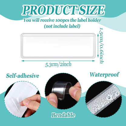 Jeyiour 100 Pcs Label Holders Adhesive Nameplate Pockets Storage Bin Labels Index Card Holder Shelf Plastic Peel Stick for Classroom Supermarket Bookshelf Library Student Box Drawer (2 x 0.6 Inch)