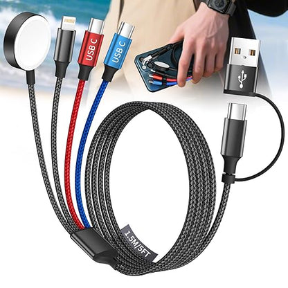 Dual Type-C Port 4 in 2 USB C Cable for Apple iWatch Charger/iPhone 17, Travel Charger Multi Charging Cable Cord for iWatch Ultra/SE/10-1, iPhone16-8, iPad, Android, Car, Cruise Essentials - 1Pc 5FT