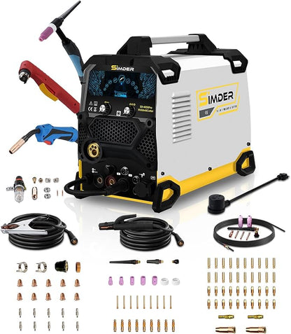 SSIMDER MIG Welder 200A Plasma Cutter Welder Combo 10 in 1 multiprocess welder Pulse MIG/Gas MIG/Flux Core/HF TIG/Stick/Cut Aluminum Welder With Consumables Set for Home DIY Outdoor