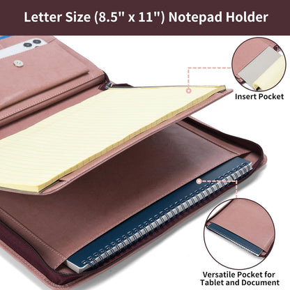 Personalized Vegan Leather Portfolio with Front Pocket for Women, Custom 8.5 x 11 Legal Pad Notepad Holder, Zippered Business Organizer, Professional Work Folder, Pink