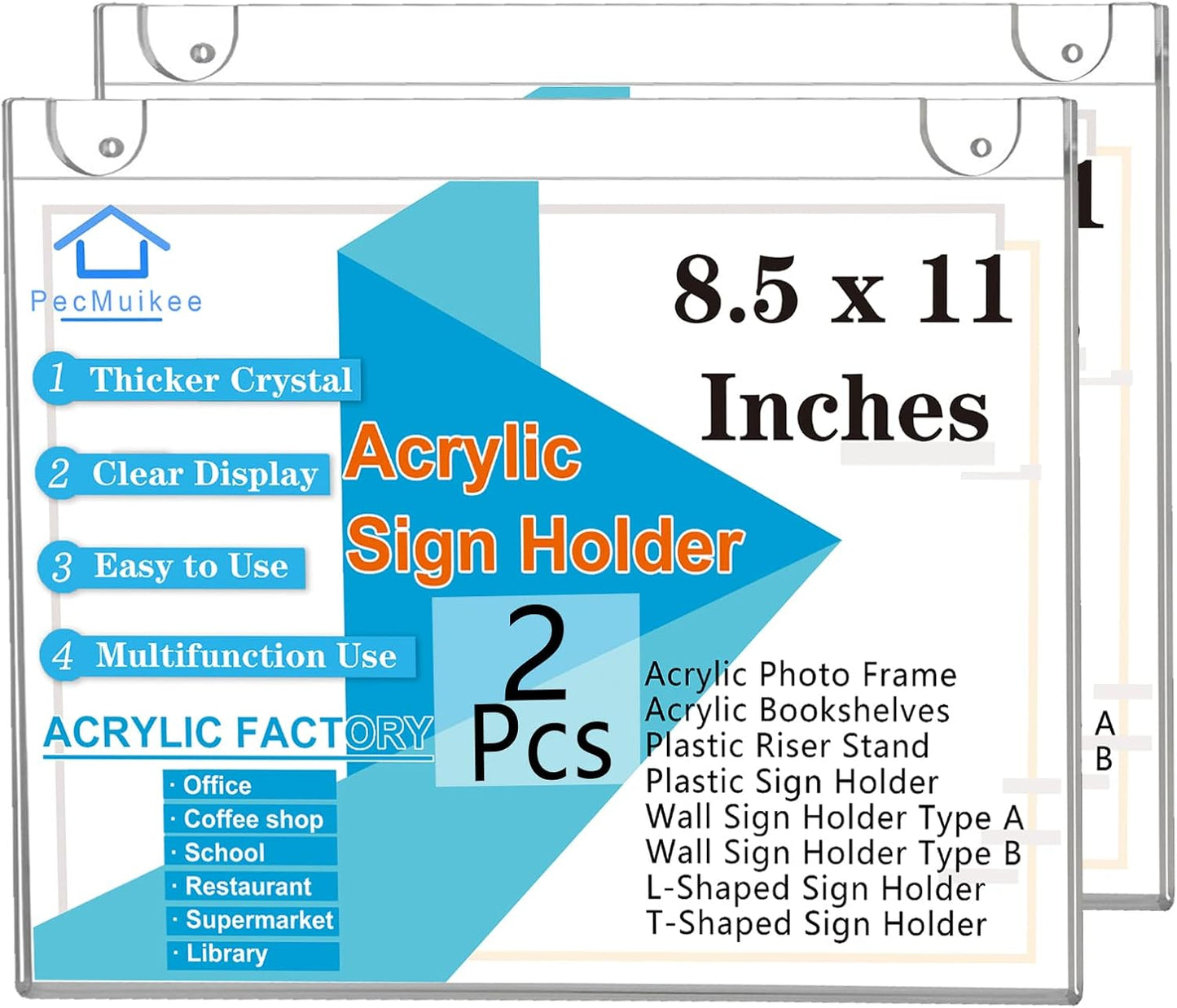 PecMuikee Acrylic Sign Holder 8.5x11 Horizontal, Wall Mount Acrylic Sign Holder and Plastic Paper Display Ad Frame bonus with 3M Tape and Mounting Screws for Restaurants, Office, Market, Store, 2 Pcs