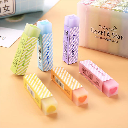 Cute Pencil Erasers for Kids, 6 Count Candy Colors 2B Eraser, Star, Heart Design Fun Party Favor & School Supplies, Kawaii Drawing Eraser for Boys and Girls (Random Color 6 PCS Set)