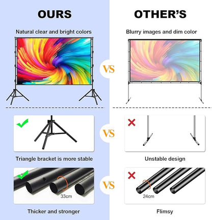 120 inch Projector Screen with Stand,HUANYINGBJB Indoor Projection Screen, Portable 16:9 4K HD Rear Front Movie Screen with Carry Bag for Theater Backyard Movie Night,Cinema School, Churches